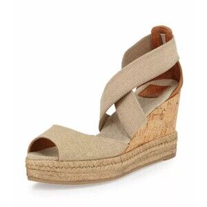 Tory Burch Espadrilles Sandal 115MM Peep Toe Cork Wedge Nude Size 10 Stretchy